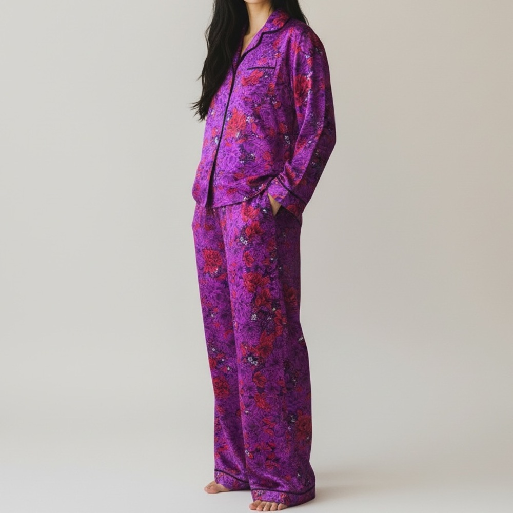 GILLIGAN & O'MALLEY · PURPLE + RED FLORAL SATIN LONG PAJAMA SET - SMALL